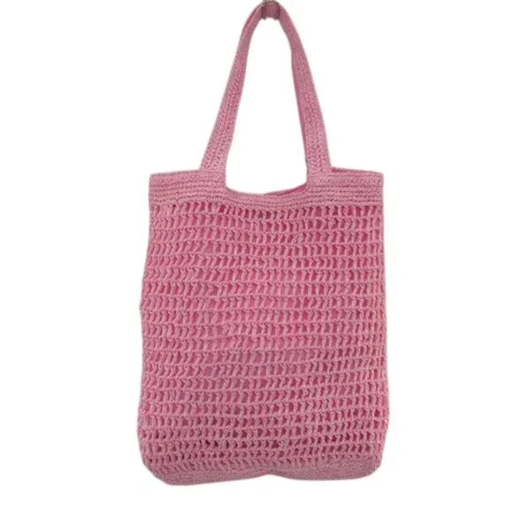 NWT Flamingo Pink Woven Shoulder Tote Coastal Boho Summer Bag - Picture 4 of 7